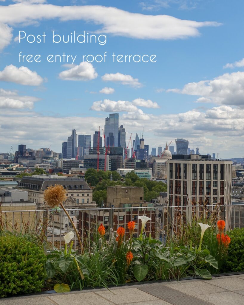 The Post Building is a secret free place to visit in London, with amazing rooftop gardens and a beautiful view onto the skyscrapers of the city of London.